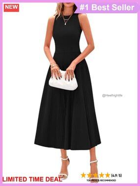 Women's Summer Pleated Midi Work Dress Sleeveless Viscose A-Line